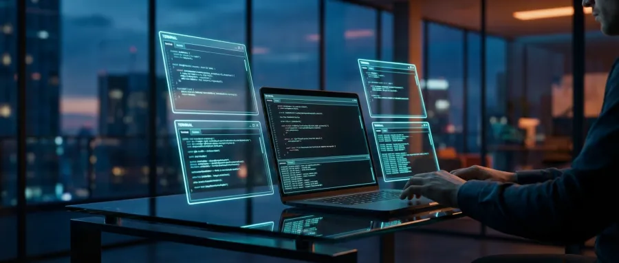 Holographic terminal windows showing parallel Claude AI coding instances in a high-tech office