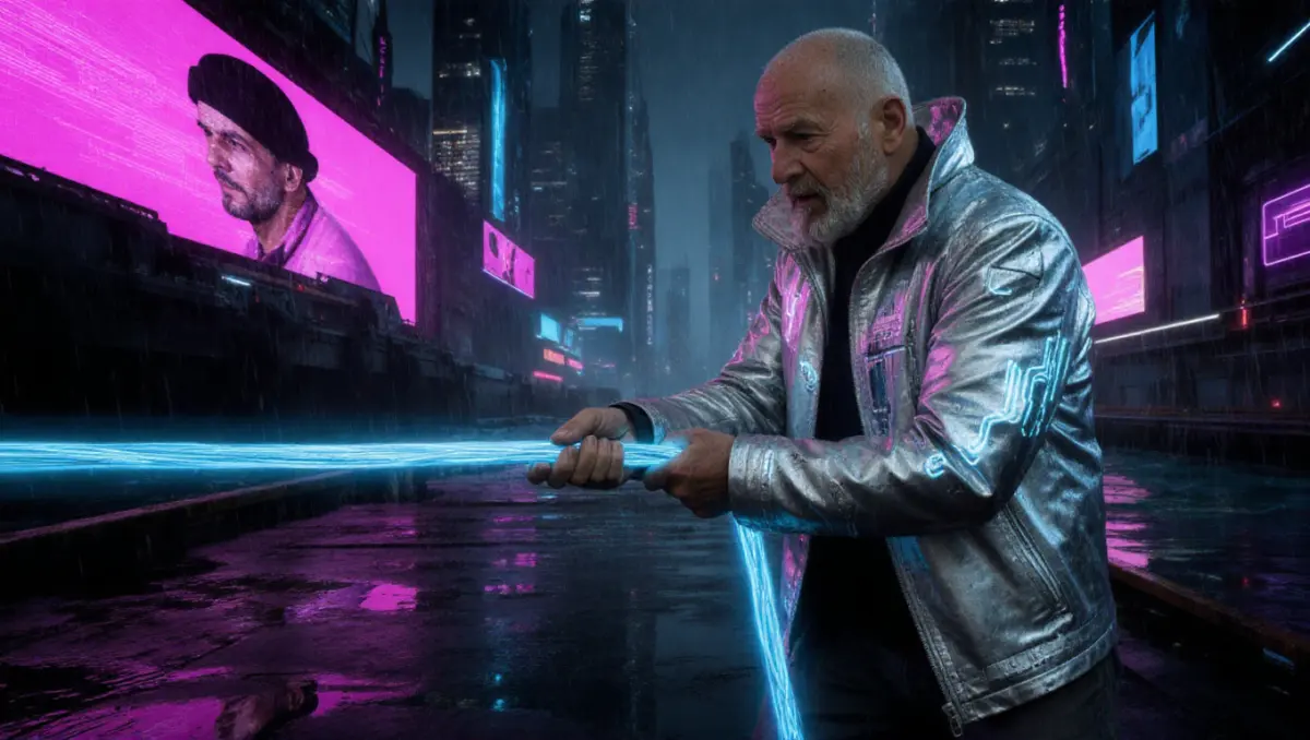 **Edit Prompt:**
Change the stormy maritime environment and the wooden boat deck to a **gritty cyberpunk neon city dock**. Replace the elderly man's yellow raincoat with a tattered, high-tech silver reflective techwear jacket featuring integrated glowing circuitry. Replace the hemp rope in his hands with a thick, glowing blue fiber-optic power cable. The background should feature towering futuristic skyscrapers, massive pink and purple holographic advertisements, and heavy rain reflecting off dark, metallic surfaces. Cinematic lighting with high-contrast neon glows, cyberpunk aesthetic, hyper-realistic details, 8k resolution.