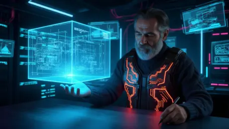 **Edit action instruction**: Change the traditional workshop into a **futuristic cyberpunk laboratory**.

**Subject detail description**: Replace the antique brass compass in the craftsman's hands with a **floating holographic projector cube** emitting a detailed 3D blueprint. The man is now wearing a dark tactical tech-vest with integrated glowing orange circuitry over his sweater, and his expression remains focused as he "calibrates" the digital projection with a specialized stylus instead of a cloth.

**Environment/background/weather description**: The background is transformed from a wooden shed into a dark, high-tech interior filled with stacks of glowing server racks, neon-blue wiring running across the walls, and several floating holographic monitors displaying complex data streams. 

**Lighting and style parameters**: Moody night lighting dominated by sharp cyan and magenta neon glows, casting deep shadows and vibrant highlights on the man's face. 8k resolution, ultra-detailed, cinematic lighting, cyberpunk style.