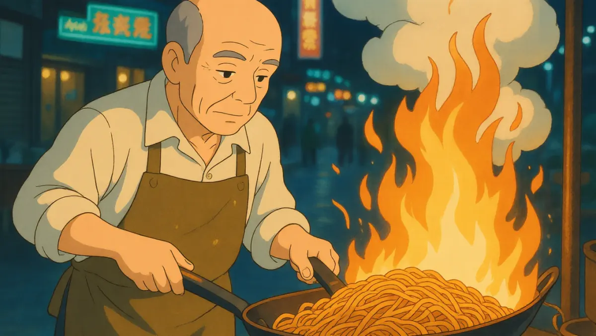 **Edit Task:** Convert the realistic style of this night market food stall into a **Studio Ghibli animation style**.
**Details:** Transform the elderly chef and the scene into a hand-drawn aesthetic with clean, soft outlines and vibrant, saturated colors. The chef’s facial features should be simplified yet expressive, maintaining his focused demeanor. The noodles in the wok must appear more plump, glistening, and delicious with exaggerated highlights. The rising flames should be redesigned as bold, stylized orange and yellow shapes with a magical, soft glow.
**Environment/Background:** Replace the photographic background with a painterly, watercolor-textured urban night scene. The neon signs should have a warm, fuzzy glow, and the steam rising from the wok should be depicted as fluffy, rounded white clouds characteristic of classic anime.
**Lighting and Style:** Studio Ghibli style, Joe Hisaishi movie atmosphere, warm cinematic lighting, 2D animation aesthetic, high-quality hand-drawn texture, masterpiece, vivid colors.