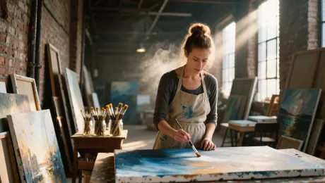 A professional female artist with a messy top-knot bun and a linen apron splattered with cerulean and ochre oil paint, delicately applying a final brushstroke of white highlight to a large canvas with a fine-tipped brush, situated in a high-ceilinged industrial loft studio surrounded by stacks of textured oil paintings and jars of brushes, bathed in warm morning sunlight streaming through large factory windows with visible dust motes dancing in the air, photorealistic, shot on 35mm lens, cinematic depth of field, 8k resolution, highly detailed textures.