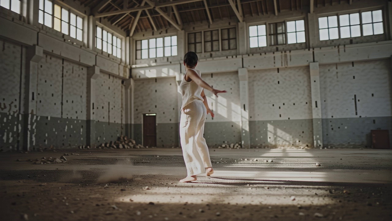 A solo contemporary dancer in minimalist linen attire performing a sequence of fluid pirouettes and expressive leaps, with fabric trailing and concrete dust kicking up from the floor in a sprawling derelict industrial warehouse. The camera executes a high-speed orbital tracking shot circling the dancer 360 degrees, maintaining tight focus on the kinetic motion. Volumetric God rays stream through high clerestory windows, creating a dramatic chiaroscuro effect with high-contrast shadows and brilliant highlights. Cinematic 4K, 60fps slow motion, anamorphic lens flares, and a shallow depth of field emphasizing floating dust motes in the bokeh.