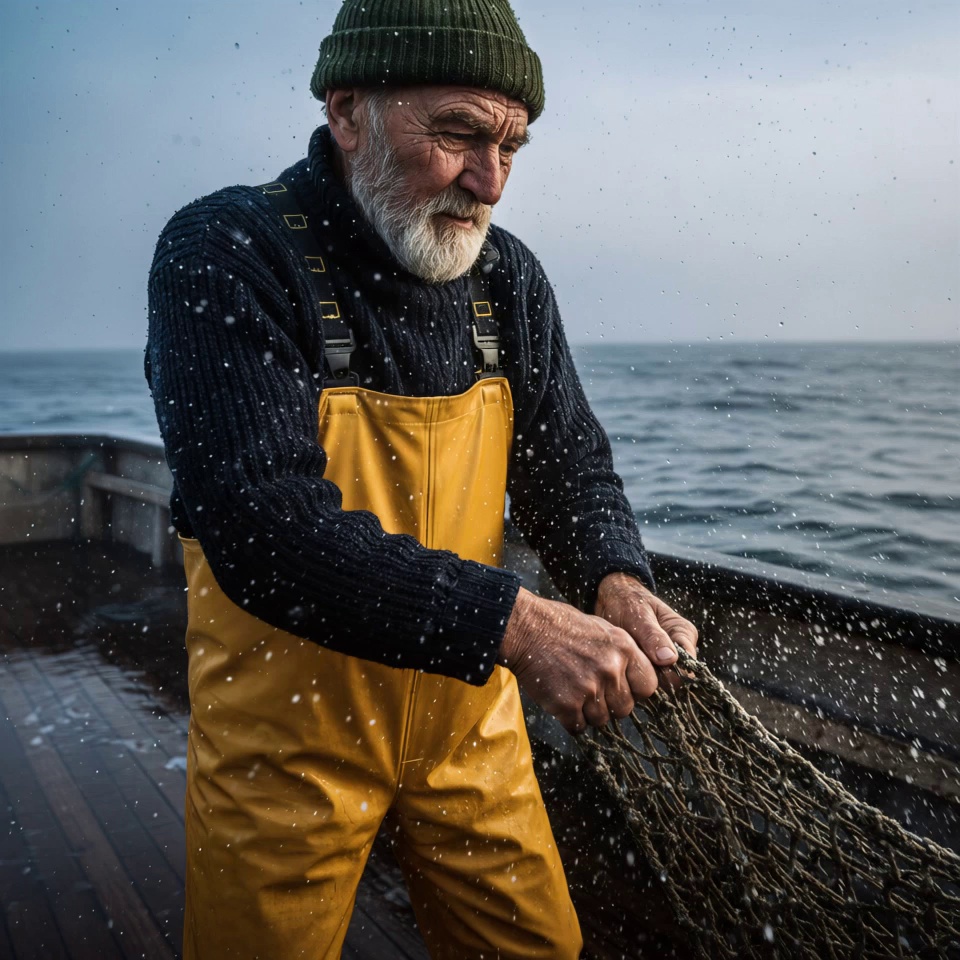 An elderly fisherman with a weathered face and white beard, wearing a green beanie and yellow oilskin overalls, strains to haul a heavy, dripping fishing net onto the wooden deck. Saltwater droplets spray and glisten in mid-air from the tension of the net, while the boat pitches rhythmically against the choppy, dark gray ocean waves. A dramatic slow zoom-in focuses on his intense gaze and tensed hands, accompanied by a subtle handheld camera shake to simulate the maritime environment. Cold, overcast morning light with realistic volumetric mist, salt spray, and cinematic teal-and-orange color grading. 4k, 60fps, highly detailed skin textures, photorealistic, slow motion water splashes.