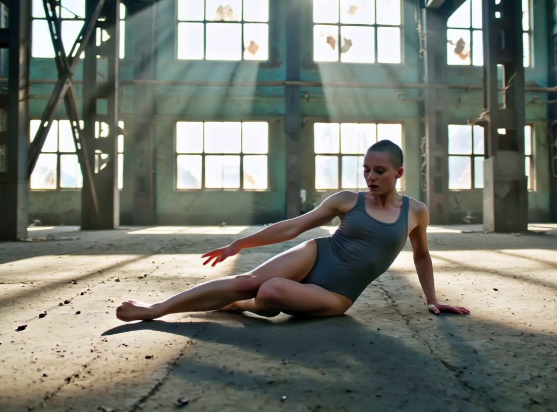 A contemporary dancer in minimalist attire performing a fluid, acrobatic sequence starting from a low floor slide into a powerful mid-air leap, set within a cavernous abandoned industrial warehouse featuring rusted steel beams and cracked concrete. The camera executes a dynamic 360-degree orbital tracking shot that tightens in distance as the dancer reaches the peak of the jump, shifting into a low-angle slow-motion capture. Dramatic god rays pierce through high shattered windows creating high-contrast chiaroscuro lighting with visible swirling dust motes and atmospheric haze. Cinematic 4K resolution, anamorphic lens flares, shallow depth of field with sharp focus on the dancer’s movement, industrial color palette with teal shadows and warm amber highlights.