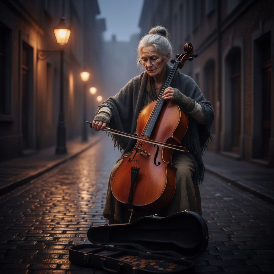 An elderly street musician with silver hair tied in a bun gracefully draws a wooden bow across the strings of her cello, her fingers vibrating with precision on the fingerboard. Her heavy shawl sways slightly with her rhythmic movement, and a faint mist of breath rises from her lips in the cold night air. A slow, cinematic zoom-in moves from a medium shot toward a close-up of her weathered, expressive face as she closes her eyes in concentration. In the background, gas streetlamps flicker through a dense, swirling fog, casting a warm amber glow onto the wet, reflective cobblestone alley while a few dry leaves skitter across the ground. 4k, 60fps, slow motion, highly detailed, realistic texture, cinematic color grading, volumetric lighting, photorealistic.