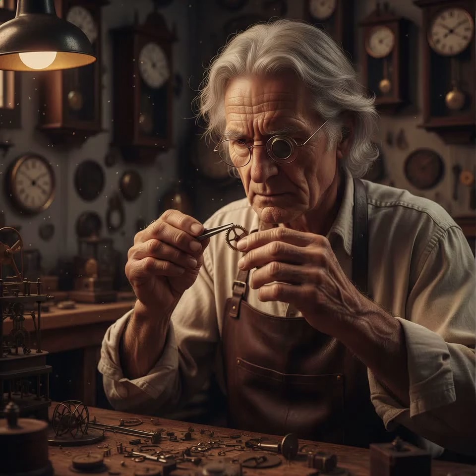 Close-up of an elderly clockmaker with flowing silver hair and a leather apron, meticulously inspecting a tiny brass gear with tweezers. He blinks slowly with intense focus, his weathered fingers subtly rotating the gear while the background pendulums of numerous antique wall clocks swing in a rhythmic, staggered motion. Slow cinematic push-in camera movement, shifting focus from the delicate gear in the foreground to the clockmaker's focused eyes behind his magnifying loupe. Warm volumetric lighting from a vintage desk lamp illuminates dancing dust motes in the air, creating a nostalgic and scholarly atmosphere. 4k, 60fps, highly detailed, realistic textures, cinematic color grading, photorealistic, subtle motion blur.