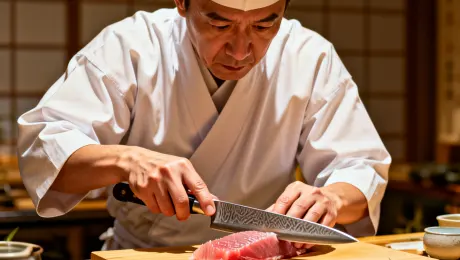 A veteran Japanese itamae sushi chef wearing a crisp white keikogi and tall pleated hat, slicing a translucent strip of fatty bluefin tuna with a patterned damascus steel yanagiba knife, standing behind a polished light-colored hinoki wood counter, surrounded by small ceramic dishes and delicate bamboo textures, bathed in a warm focused spotlight with soft golden rim lighting against a dark blurred background of shoji screens, photorealistic, 8k resolution, cinematic composition, sharp focus on the knife's edge and fish texture, shallow depth of field.