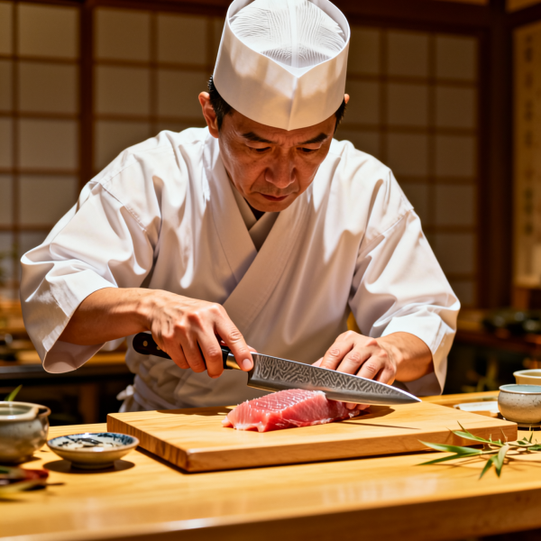 A veteran Japanese itamae sushi chef wearing a crisp white keikogi and tall pleated hat, slicing a translucent strip of fatty bluefin tuna with a patterned damascus steel yanagiba knife, standing behind a polished light-colored hinoki wood counter, surrounded by small ceramic dishes and delicate bamboo textures, bathed in a warm focused spotlight with soft golden rim lighting against a dark blurred background of shoji screens, photorealistic, 8k resolution, cinematic composition, sharp focus on the knife's edge and fish texture, shallow depth of field.