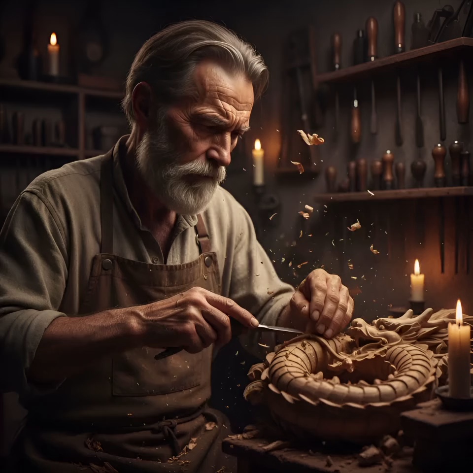 Elderly master woodcarver with a weathered face and white beard meticulously chiseling an intricate wooden dragon sculpture, wood shavings and fine sawdust exploding and swirling in slow motion around his hands. Cinematic macro zoom-in focusing on the sharp tool tip as it peels wood away, accompanied by subtle flickering candlelight and dancing dust motes in the warm golden atmosphere. 4k, 60fps, slow motion, highly detailed, realistic texture, cinematic color grading, volumetric lighting, photorealistic.