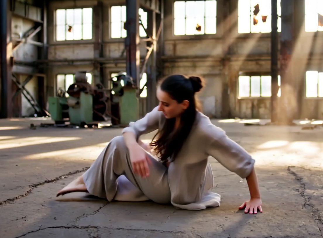 A contemporary dancer in flowing linen attire performing fluid, expressive floor work and an explosive pirouette in a vast, derelict industrial warehouse with cracked concrete and rusted steel beams. A dynamic 360-degree orbital tracking shot circles the subject, capturing the swirling dust motes disturbed by the motion. Dramatic volumetric sunbeams pierce through shattered high-ceiling windows, creating high-contrast chiaroscuro shadows. Cinematic 4K, 60fps slow-motion, shallow depth of field with sharp focus on the dancer’s form, grit-textured film grain, and a desaturated color palette with warm golden highlights.