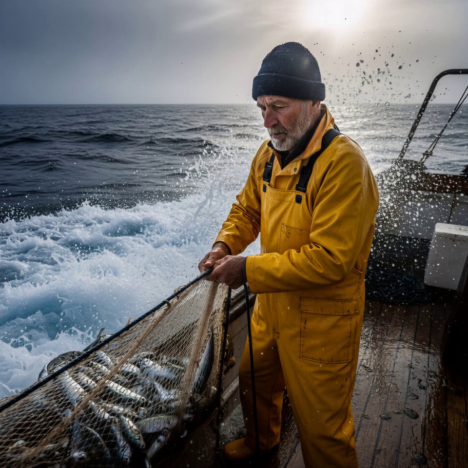 The weathered fisherman in yellow oilskins pulls the heavy, fish-laden net onto the vibrating wooden deck, his muscles tensing with each rhythmic tug. Massive ocean waves crash against the hull, sending a violent spray of crystalline water arching behind him, shimmering in the hazy sunlight. A low-angle handheld tracking shot mimics the boat's heavy rocking, slowly pushing in toward the fisherman’s focused, squinting expression. Saltwater drips from the net and his beard, creating a raw, documentary-style atmosphere with cinematic lighting flares. 4k, 60fps, slow motion, highly detailed, realistic texture, cinematic color grading, volumetric lighting, photorealistic.