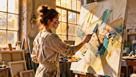 Focused female artist wearing paint-splattered ivory linen overalls and a messy chestnut hair bun, smudges of cobalt blue and burnt sienna pigment on her cheekbones, standing at a weathered wooden easel while applying thick impasto oil strokes to a large abstract canvas with a palette knife, situated in a high-ceilinged industrial loft studio filled with leaning canvases and jars of various brushes, warm golden afternoon sunlight streaming through floor-to-ceiling steel-framed windows creating dramatic shafts of light and illuminating floating dust motes, photorealistic, cinematic composition, 8k resolution, shot on 35mm lens, f/2.8, high-fidelity textures, rich color saturation.