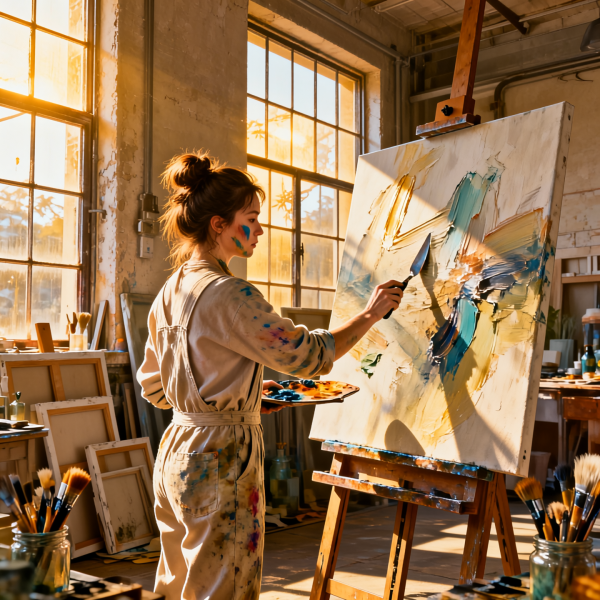 Focused female artist wearing paint-splattered ivory linen overalls and a messy chestnut hair bun, smudges of cobalt blue and burnt sienna pigment on her cheekbones, standing at a weathered wooden easel while applying thick impasto oil strokes to a large abstract canvas with a palette knife, situated in a high-ceilinged industrial loft studio filled with leaning canvases and jars of various brushes, warm golden afternoon sunlight streaming through floor-to-ceiling steel-framed windows creating dramatic shafts of light and illuminating floating dust motes, photorealistic, cinematic composition, 8k resolution, shot on 35mm lens, f/2.8, high-fidelity textures, rich color saturation.