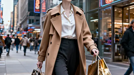 Young woman with pale porcelain skin and sharp bob-cut obsidian hair wearing a structured camel-colored wool trench coat over a white silk blouse and high-waisted charcoal trousers, walking briskly through a bustling metropolitan sidewalk while clutching multiple glossy designer shopping bags with metallic gold handles, surrounded by modern glass storefronts reflecting the urban skyline and blurred pedestrians in the background, illuminated by cool overcast afternoon light with soft shadows and glowing neon shop signs, captured in a high-resolution cinematic photograph with a 35mm lens, f/1.8 aperture for shallow depth of field, and hyper-realistic textures.