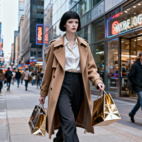 Young woman with pale porcelain skin and sharp bob-cut obsidian hair wearing a structured camel-colored wool trench coat over a white silk blouse and high-waisted charcoal trousers, walking briskly through a bustling metropolitan sidewalk while clutching multiple glossy designer shopping bags with metallic gold handles, surrounded by modern glass storefronts reflecting the urban skyline and blurred pedestrians in the background, illuminated by cool overcast afternoon light with soft shadows and glowing neon shop signs, captured in a high-resolution cinematic photograph with a 35mm lens, f/1.8 aperture for shallow depth of field, and hyper-realistic textures.
