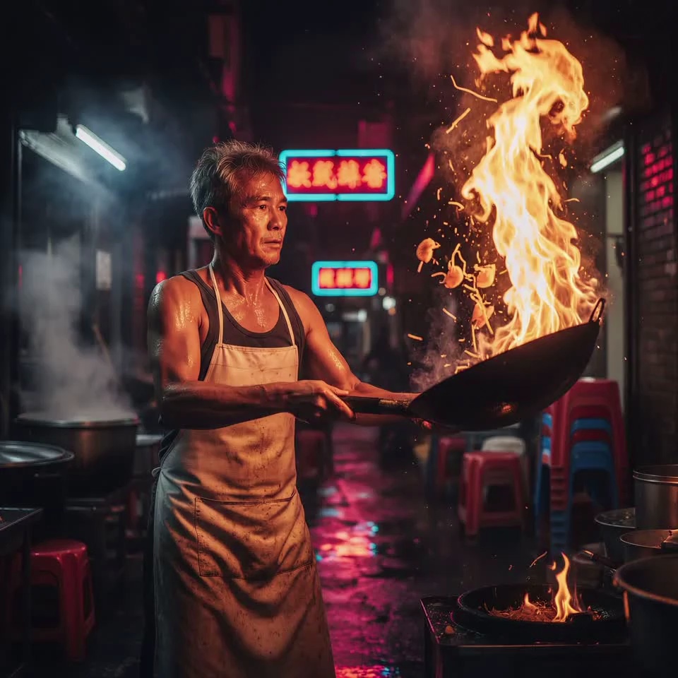The muscular street chef vigorously tosses a heavy wok, sending a massive pillar of orange flame roaring upward as noodles and ingredients dance in mid-air. Sweat glistens and drips down his focused face in the intense heat. Thick plumes of white steam swirl from large boiling pots in the background, while red and blue neon signs flicker and reflect on the damp, glistening alleyway pavement. A dynamic tracking camera orbits the chef in a slow semi-circle, starting with an extreme close-up on the roaring fire and slowly zooming out to reveal the gritty, atmospheric night market. Subtle handheld camera shake, 4k, 60fps, slow motion fire dynamics, highly detailed skin textures, cinematic orange and teal color grading, volumetric steam, photorealistic.