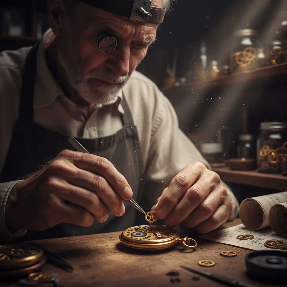 An elderly master watchmaker with a silver beard and a jeweler’s loupe meticulously adjusts a tiny gear within an antique gold pocket watch. His steady hands use tweezers to nudge the delicate mechanism as his eyes blink with intense focus. Ethereal dust motes swirl in the golden shafts of volumetric light streaming through the workshop window. The camera performs an extreme macro rack focus from the intricate watch gears to the craftsman's weathered face, followed by a slow cinematic push-in. High-detail textures, 4k, 60fps, slow motion, photorealistic, warm cinematic color grading, soft bokeh background.