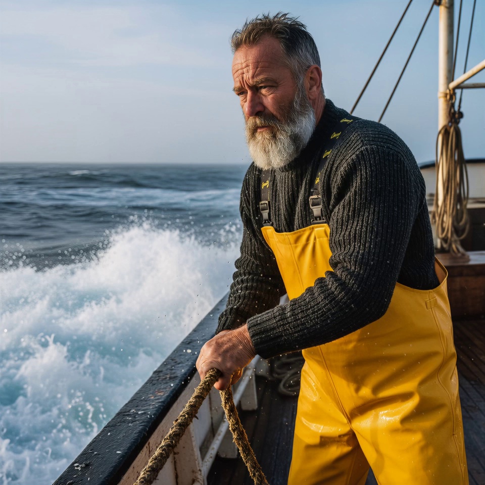Weathered fisherman with a salt-and-pepper beard grips the thick rope tightly, his forearm muscles tensing and straining as he pulls with steady effort. Massive white-capped waves crash violently against the hull in the background, sending dynamic sea spray and mist flying into the air with realistic water physics. His beard and the fibers of his knitted sweater flutter realistically in the harsh sea breeze. Dynamic handheld tracking shot with a subtle rhythmic shake to simulate the rocking boat, followed by a slow cinematic zoom-in focusing on his weathered, determined eyes. Cold maritime atmosphere, volumetric sea spray, photorealistic textures, cinematic teal and orange color grading, 4k, 60fps, motion blur, highly detailed.
