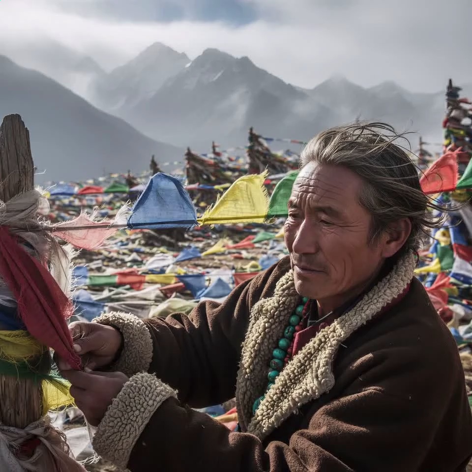 The weathered elderly Himalayan man meticulously ties vibrant red, blue, and yellow prayer flags to a rustic wooden post, his gray hair blowing wildly in the high-altitude wind. The colorful fabric flutters and snaps with high-energy motion against the backdrop of jagged, mist-shrouded mountain peaks where clouds flow rapidly in a time-lapse effect. Slow cinematic zoom-in on the man's focused expression and calloused hands, transitioning into a slight pan to reveal the vast, awe-inspiring wilderness. Cold alpine atmosphere with soft morning sunlight filtering through the fog, volumetric lighting hitting the swirling dust, 4k, 60fps, cinematic color grading, realistic textures, highly detailed, photorealistic.