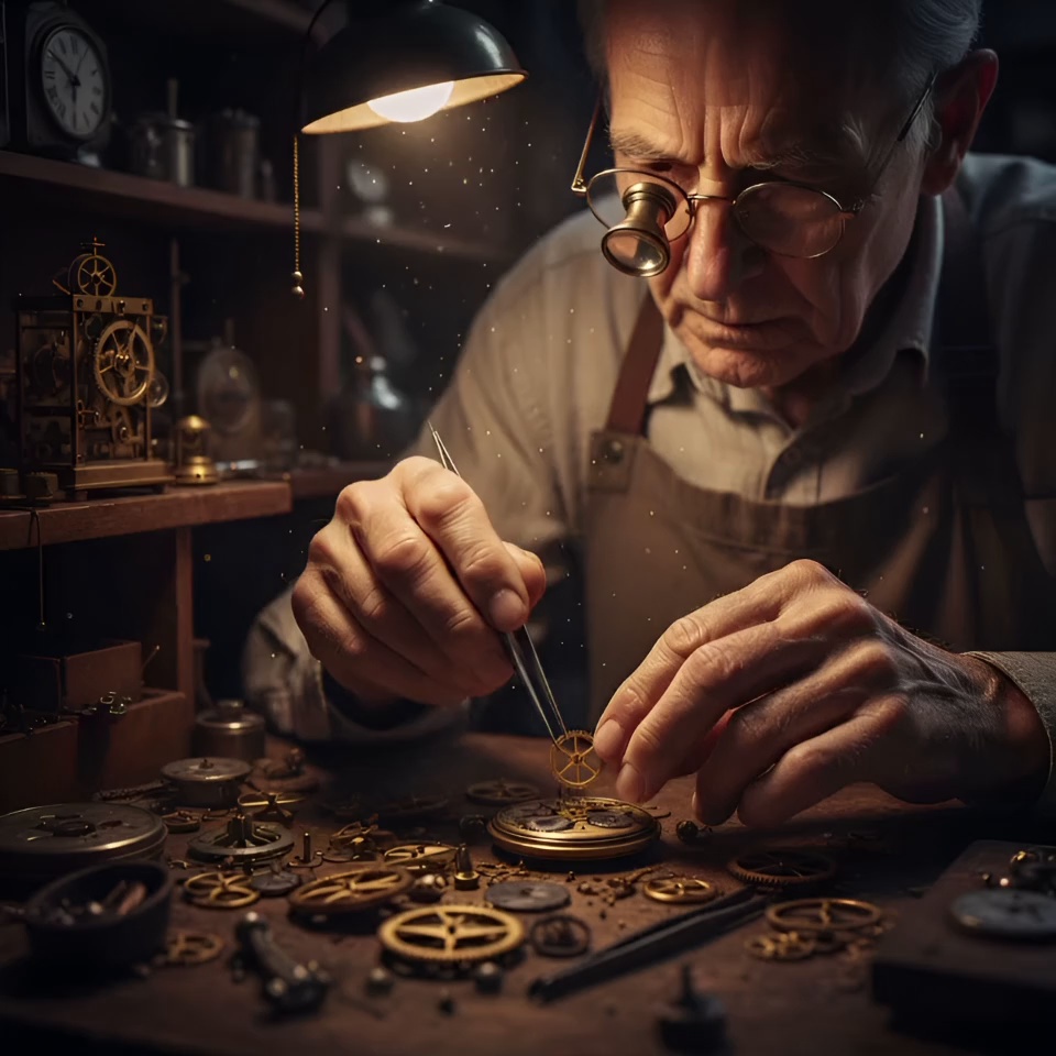 An elderly watchmaker with a jeweler’s loupe meticulously adjusts a tiny gold gear with tweezers. His weathered hands move with extreme precision while fine dust particles swirl through the warm, golden beam of a desk lamp. The background clocks subtly tick in the soft-focus shadows. Slow macro zoom-in on the watch mechanism, followed by a smooth focus rack to the craftsman's concentrated eyes. Cinematic volumetric lighting, 4k, 60fps, slow motion, highly detailed textures, photorealistic, moody workshop atmosphere.