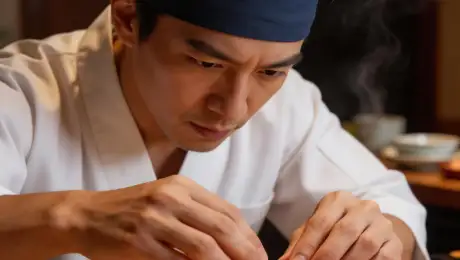 A master sushi chef with silver-streaked hair and a focused expression, wearing a crisp white hanten jacket and a dark blue cotton headband, delicately pressing a translucent slice of ruby-red bluefin tuna onto a small mound of glistening vinegared rice with rhythmic and precise hand movements, standing behind a polished hinoki wood counter in a minimalist traditional Japanese restaurant, warm spotlights illuminating the grain of the wood and the moist texture of the fish while leaving the background in deep shadow, macro photography, 8k resolution, cinematic composition, sharp focus on the hands, soft bokeh on the ceramic plates and rising steam in the background.