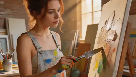 A female artist with auburn hair in a messy bun and paint-splattered denim overalls, standing at a weathered wooden easel while applying thick impasto oil paint with a metal palette knife to a textured canvas, located in a spacious industrial loft studio filled with stacked canvases and ceramic jars of brushes, illuminated by warm volumetric sunlight streaming through tall arched windows with visible dust motes in the air, photorealistic, 8k resolution, shot on 35mm lens, f/2.8 aperture, cinematic lighting, hyper-detailed textures of raw canvas and aged wood.