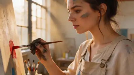 Focused female artist wearing paint-smudged linen overalls and a messy bun with charcoal-stained fingers, delicately applying a final stroke of crimson oil paint to a large canvas with a fine-tipped brush, standing in a spacious high-ceilinged loft studio cluttered with wooden palettes and jars of brushes, warm morning sunlight streaming through large industrial steel-framed windows creating dancing dust motes and a soft golden glow on the textured canvas, photorealistic, 8k resolution, cinematic composition, shallow depth of field with sharp focus on the brush tip, shot on 35mm lens.