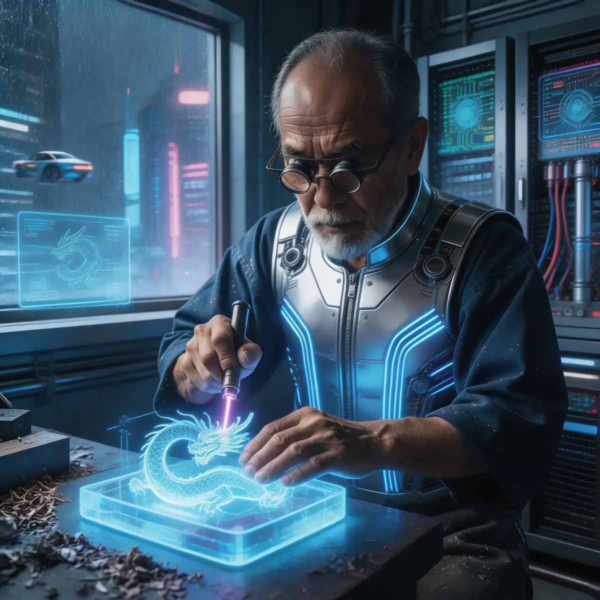 **Edit Prompt:**

**[Edit action instruction]**: Change the traditional woodworking workshop into a high-tech **cyberpunk laboratory**. 

**[Subject detail description]**: Replace the wooden dragon plaque with a **glowing, translucent holographic dragon core** pulsating with blue data streams. The craftsman's apron is modified into a **sleek metallic exoskeleton vest** with integrated fiber-optic wires. Replace the manual carving tool in his hand with a **high-precision plasma laser cutter** emitting a faint violet glow.

**[Environment/background/weather description]**: Replace the wooden tool racks in the background with **vertical racks of glowing circuitry, holographic blueprints**, and liquid-cooled computer servers. The window is changed to a view of a **rainy futuristic megacity** with neon skyscrapers and flying vehicles. 

**[Lighting and style parameters]**: Cyberpunk style, high-contrast lighting, dominated by **neon blue and magenta tones**. Cinematic atmosphere, 8k resolution, hyper-detailed mechanical textures, photorealistic sci-fi aesthetic.