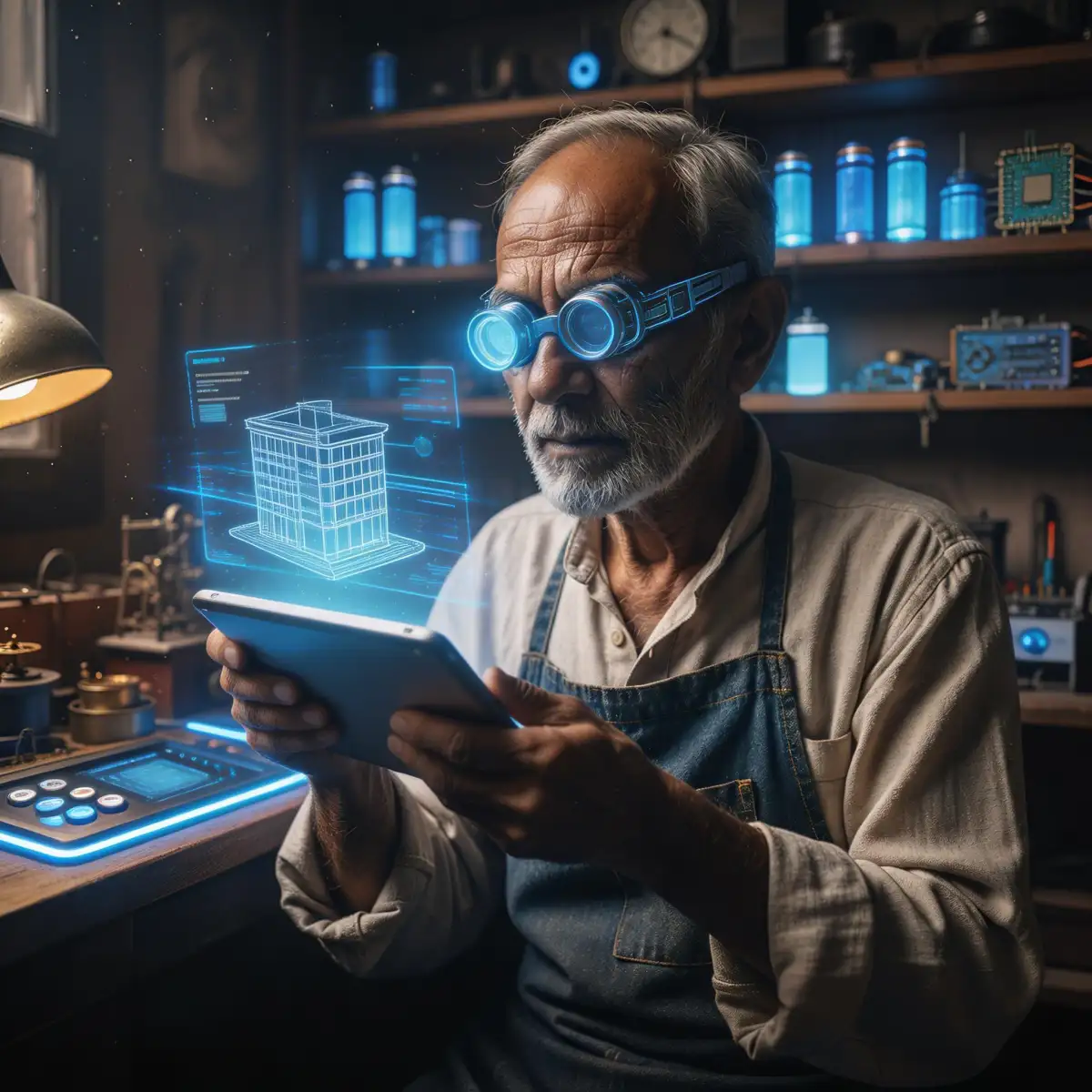 **Edit Instruction:**
Replace the brass clock mechanism in the elderly man's hands with a **glowing magical holographic tablet** that projects floating blue data streams and 3D architectural blueprints. Change his traditional jeweler's loupe into a **high-tech glowing cybernetic eyepiece** with digital HUD elements.
**Environment & Background:**
The background workshop shelves should be updated to hold **glowing energy cells and futuristic sci-fi components** instead of old clocks. The wooden workbench should feature integrated touch-sensitive control panels and neon-lit grooves.
**Lighting & Style:**
Cinematic lighting with a dual-tone color palette; maintain the warm amber glow from the desk lamp on one side of his face, contrasted by a vibrant **cool blue luminescence** from the holographic tablet. Photorealistic style, 8k resolution, highly detailed textures on the skin and mechanical parts.
