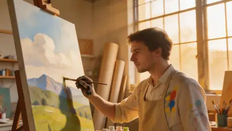 Artist with charcoal-stained fingers and a linen apron over a paint-splattered shirt, meticulously applying brushstrokes to a large canvas of a sweeping landscape, standing at a wooden easel in a high-ceilinged sunlit studio filled with rolls of parchment and jars of pigment, bathed in soft golden afternoon light streaming through large industrial windows, shot on 35mm film with shallow depth of field and vibrant oil painting textures.