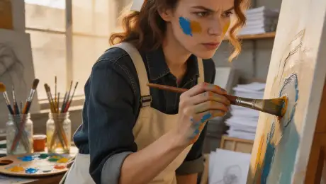 An artist with paint-stained fingers and wavy chestnut hair tied back with a silk ribbon wearing an oversized linen apron over denim overalls with smudges of cerulean and ochre on her cheeks, applying a deliberate brushstroke of thick oil paint onto a large canvas while leaning forward with intense concentration, a spacious high-ceilinged loft studio filled with stacked charcoal sketches and glass jars holding used brushes and a wooden palette on a side table, warm morning sunlight streaming through massive industrial steel-framed windows with dust motes dancing in the air creating a peaceful and creative aura, photorealistic, 8k resolution, shot on 35mm lens, f/2.8, shallow depth of field, rich textures of canvas and impasto paint, cinematic lighting.