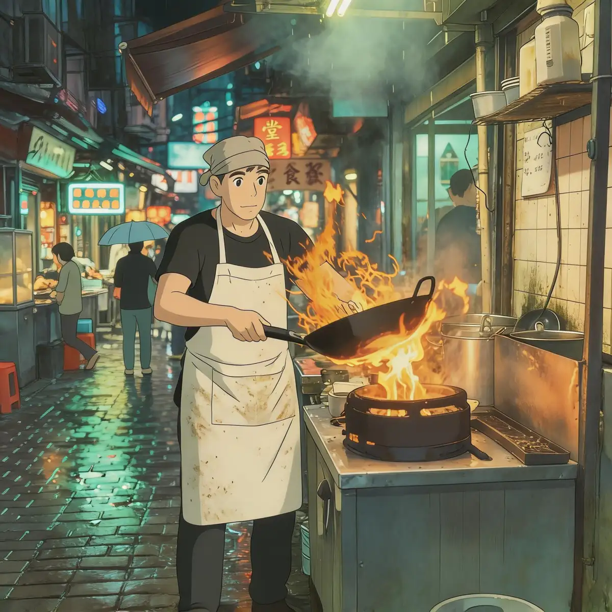 **Prompt:**

**Convert the realistic street food scene into a Studio Ghibli animation style.** The chef is transformed into a hand-drawn character with soft, expressive features and a charmingly stained white apron, while the fire in the wok becomes vibrant, painterly swirls of glowing orange and yellow. The background alleyway is reimagined with high-saturation colors, hand-painted wooden signage, and warm, glowing lanterns that reflect beautifully on the wet, textured cobblestone street. Studio Ghibli style, warm and nostalgic atmosphere, watercolor-like textures, cinematic anime lighting, high detail, 8k.