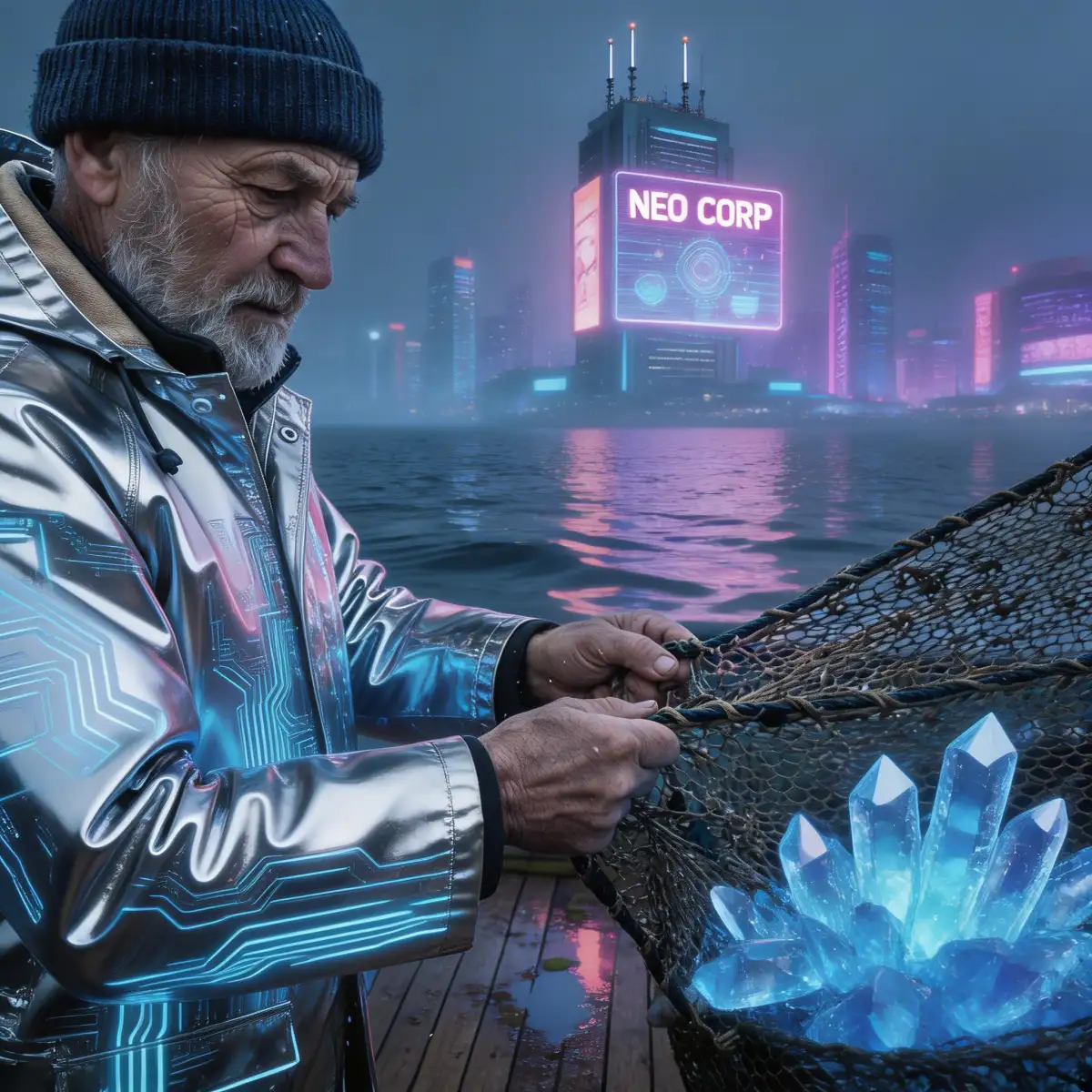 **Edit Prompt:**

Change the traditional fishing boat setting to a high-tech **cyberpunk neon city** harbor. Replace the fisherman's yellow raincoat with a **silver reflective chrome jacket featuring neon blue circuitry patterns**. Transform the background lighthouse into a **towering skyscraper with pink and purple holographic advertisements** and glowing antennae. The ocean water should be changed to a dark, metallic liquid reflecting the vibrant city lights, with the net in his hands now containing **glowing blue data crystals** instead of fish. Apply cinematic neon lighting, wet surface reflections, and a gritty cyberpunk aesthetic. 8k resolution, photorealistic, high detail.