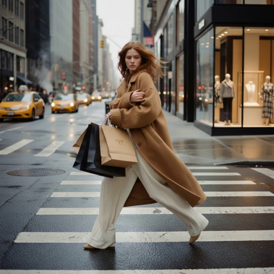 Cinematic fashion film, high-detail tracking shot of an elegant woman with wind-swept ginger hair walking across a wet Manhattan crosswalk. She wears a luxurious heavy-textured camel wool coat and flowing ivory-white pleated wide-leg trousers that ripple fluidly as she moves. In her arms, she clutches several designer shopping bags in matte black and gold-embossed tan. The camera follows her in a smooth side-profile dolly shot with a shallow depth of field, blurring the iconic yellow taxis and luxury glass storefronts in the background. Soft, diffused daylight on a rainy afternoon creates realistic reflections on the damp asphalt. The mood is sophisticated and melancholic, with a muted urban color palette contrasted by the warmth of her coat and hair. 4k resolution, photorealistic textures, 24fps, cinematic lighting, hyper-realistic fabric simulation.