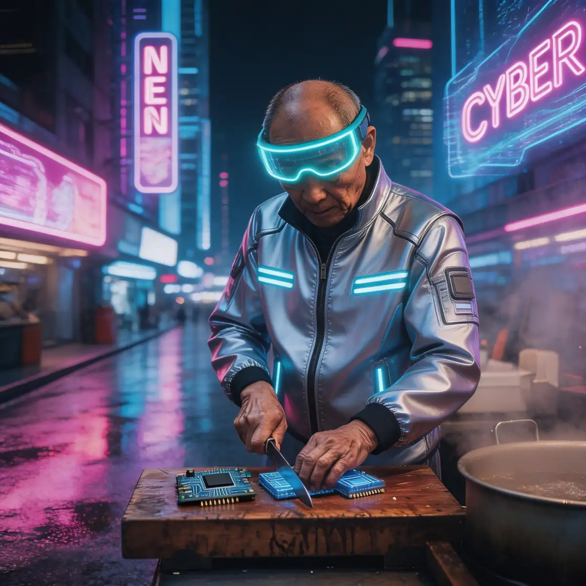 **Edit Instruction**: Change the traditional Japanese alleyway into a **cyberpunk neon city**. Replace the chef's blue kimono with a **silver reflective high-tech tactical jacket** and replace his white headband with a **glowing cyan neon visor**.

**Details**: The chef now wears futuristic techwear with LED accents. The fish on the cutting board is replaced by **glowing blue circuit components**. The background features towering skyscrapers with **pink and purple holographic billboards**, and the ground is wet, creating sharp, colorful reflections of the city lights.

**Lighting and Style**: Photorealistic, Cyberpunk style, cinematic lighting, high-contrast neon palette, 8k resolution, high detail.