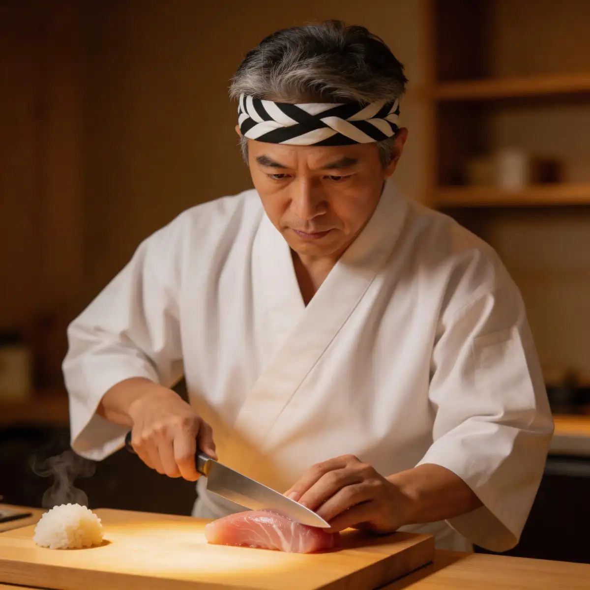 Seasoned Japanese sushi chef with salt-and-pepper hair and sharp focused eyes, wearing a traditional white hanten jacket and a twisted hachimaki headband, slicing a translucent piece of fatty tuna with a precise pulling motion using a carbon steel yanagiba knife, standing behind a light-colored hinoki wood counter in an authentic minimalist restaurant, warm low-key indoor lighting with a focused spotlight on the cutting board and steam rising from vinegared rice, photorealistic, 85mm macro lens, f/2.8, cinematic color grading, 8k resolution, highly detailed textures.