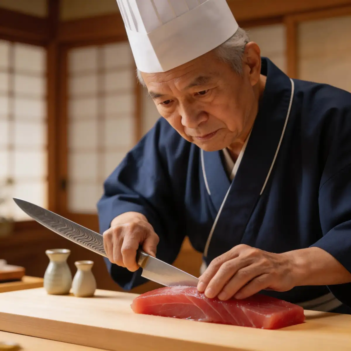A veteran Japanese sushi chef wearing a crisp white chef's hat and a traditional dark blue indigo Happi coat, focusing intently while slicing a translucent piece of fresh ruby-red tuna with a long thin Damascus steel yanagiba knife on a minimalist Hinoki wood sushi counter, surrounded by ceramic soy sauce carafes and a backdrop of sliding shoji screens, illuminated by soft warm directional light that highlights the oily texture of the fish and the metallic sheen of the blade, captured in a cinematic 8k photorealistic style with a shallow depth of field and sharp focus on the artisan's precise hand movements.