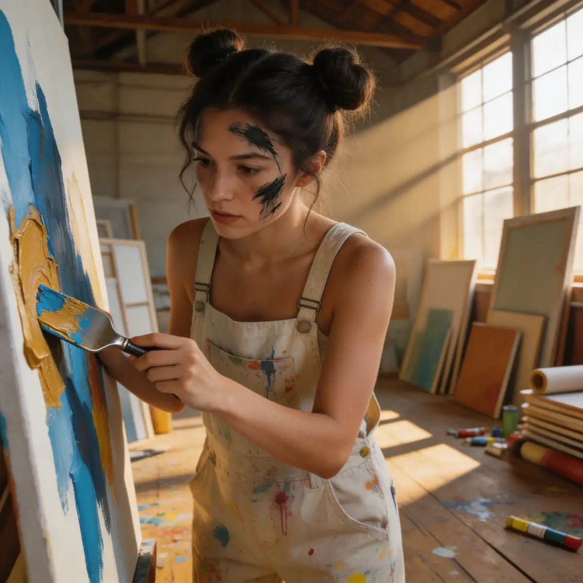 A female artist with messy charcoal-smudged hair buns and paint-splattered linen overalls, applying thick impasto layers of cerulean and ochre paint to a large canvas with a palette knife, situated in a high-ceilinged industrial loft studio filled with stacked canvases and wooden floorboards covered in dried paint drips, illuminated by beams of warm afternoon sunlight cutting through dust motes and casting long shadows, captured in a photorealistic style with 8k resolution, cinematic composition, shallow depth of field, and the sharp clarity of a 35mm lens.