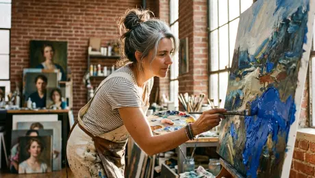 A middle-aged female painter with silver-streaked dark hair tied in a loose bun and paint-splattered cream linen overalls, leaning forward with a focused gaze while applying a thick stroke of cobalt blue oil paint to a large textured canvas, positioned in a high-ceilinged industrial loft studio with exposed red brick walls and stacks of unfinished oil portraits, bathed in warm golden afternoon sunlight streaming through a massive floor-to-ceiling window with visible dust motes dancing in the air, captured in hyper-realistic 8k resolution, shot on a 35mm lens with a shallow depth of field, emphasizing the rich impasto textures and vibrant color palette.