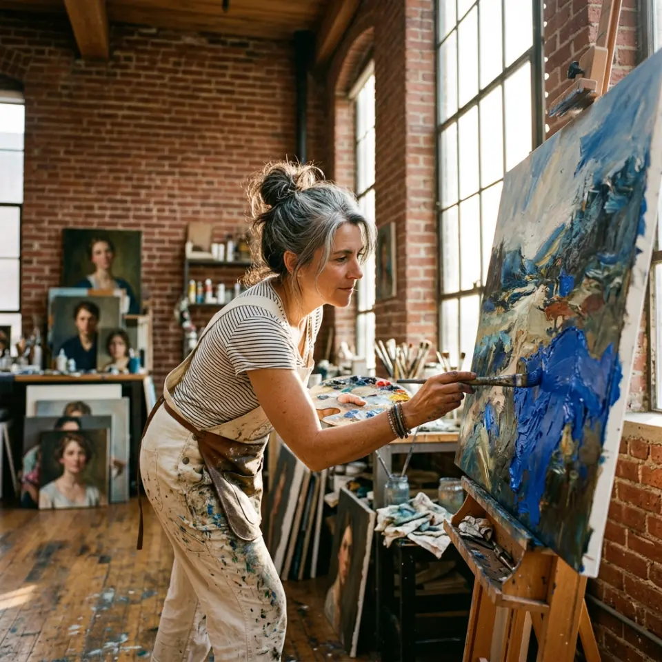A middle-aged female painter with silver-streaked dark hair tied in a loose bun and paint-splattered cream linen overalls, leaning forward with a focused gaze while applying a thick stroke of cobalt blue oil paint to a large textured canvas, positioned in a high-ceilinged industrial loft studio with exposed red brick walls and stacks of unfinished oil portraits, bathed in warm golden afternoon sunlight streaming through a massive floor-to-ceiling window with visible dust motes dancing in the air, captured in hyper-realistic 8k resolution, shot on a 35mm lens with a shallow depth of field, emphasizing the rich impasto textures and vibrant color palette.