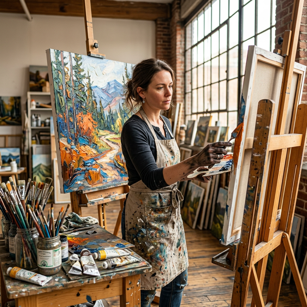 Artist with charcoal-stained fingers and a paint-splattered linen apron, standing at a rustic wooden easel while applying thick impasto strokes to a large canvas, located in a high-ceilinged sunlit studio filled with overflowing jars of brushes and stacked oil paintings, bathed in warm afternoon sunlight streaming through floor-to-ceiling industrial windows, captured in a cinematic photorealistic style with a shallow depth of field, 8k resolution, sharp focus on the texture of the paint and canvas.
