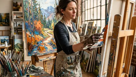 Artist with charcoal-stained fingers and a paint-splattered linen apron, standing at a rustic wooden easel while applying thick impasto strokes to a large canvas, located in a high-ceilinged sunlit studio filled with overflowing jars of brushes and stacked oil paintings, bathed in warm afternoon sunlight streaming through floor-to-ceiling industrial windows, captured in a cinematic photorealistic style with a shallow depth of field, 8k resolution, sharp focus on the texture of the paint and canvas.