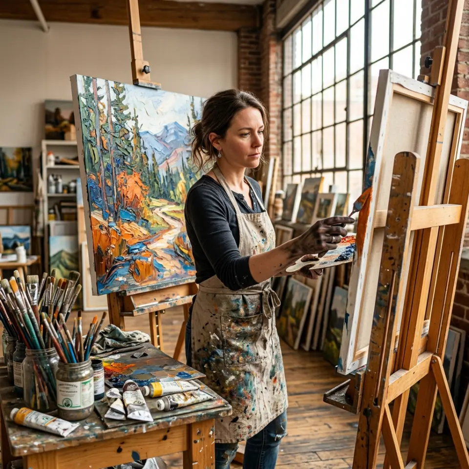 Artist with charcoal-stained fingers and a paint-splattered linen apron, standing at a rustic wooden easel while applying thick impasto strokes to a large canvas, located in a high-ceilinged sunlit studio filled with overflowing jars of brushes and stacked oil paintings, bathed in warm afternoon sunlight streaming through floor-to-ceiling industrial windows, captured in a cinematic photorealistic style with a shallow depth of field, 8k resolution, sharp focus on the texture of the paint and canvas.