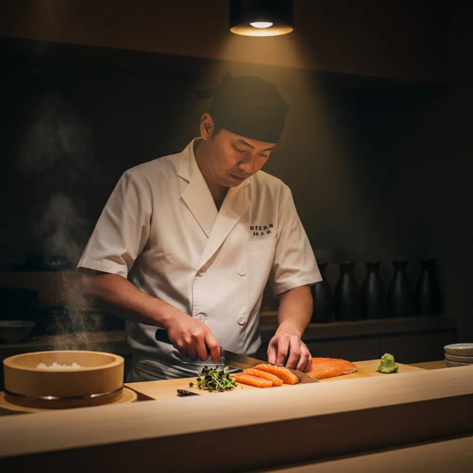 Maintain the core composition: the Japanese sushi chef in his white uniform and black headpiece, the wooden counter, and the steaming rice tub to the left. Edit the scene to change the focal point: replace the tuna being sliced with a vibrant, translucent piece of Atlantic salmon (deep orange with distinct white fat lines). Add a delicate garnish of micro-greens and a small dollop of fresh, textured green wasabi beside the fish. Change the background sake bottles to a row of minimalist, matte black ceramic carafes. Enhance the lighting to a dramatic "chiaroscuro" effect, intensifying the warm golden spotlight from above to create sharp highlights on the chef's hands and the knife's edge, while deepening the shadows in the background for a moody, high-end omakase atmosphere. Style: Photorealistic, cinematic 8k resolution, shot on 35mm lens, f/1.8 for shallow depth of field, natural wood textures, steam with visible particulate detail.