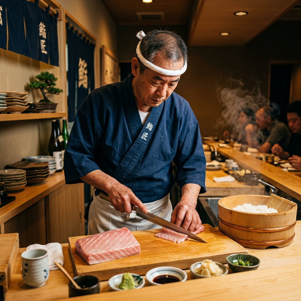 A professional sushi chef wearing a traditional white hachimaki headband and indigo happi coat, meticulously slicing translucent slivers of fatty tuna with a glistening steel yanagiba knife, standing behind a polished hinoki wood counter in an authentic Japanese omakase restaurant, steam rising from a cedar rice tub in the background, warm amber spotlighting highlighting the textures of the fresh fish and grain of the wood, hyper-realistic 8k resolution, cinematic depth of field, shot on 35mm lens.