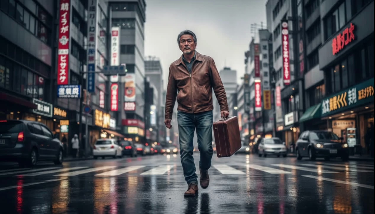 Retain the central middle-aged Asian man’s facial structure, grey hair, and walking pose. Replace his brown leather jacket with a matte black tactical exoskeleton jacket featuring glowing cyan fiber-optic seams. Swap the vintage leather suitcase for a sleek, metallic silver hexagonal briefcase with a glowing red digital lock interface on the side. Change his blue jeans into dark charcoal techwear trousers with utility straps and silver buckles. Transform the background into a high-tech Neo-Tokyo night scene; replace the standard cars with hovering aerodynamic vehicles featuring blue thrusters. Add colossal holographic advertisements of golden koi fish and neon Japanese calligraphy floating between the skyscrapers. Ensure the wet asphalt road reflects vibrant magenta and electric blue neon lights. The overall atmosphere should be gritty and futuristic, cinematic lighting with heavy volumetric fog, hyper-realistic style, 8k resolution, sharp focus on the man, shallow depth of field.