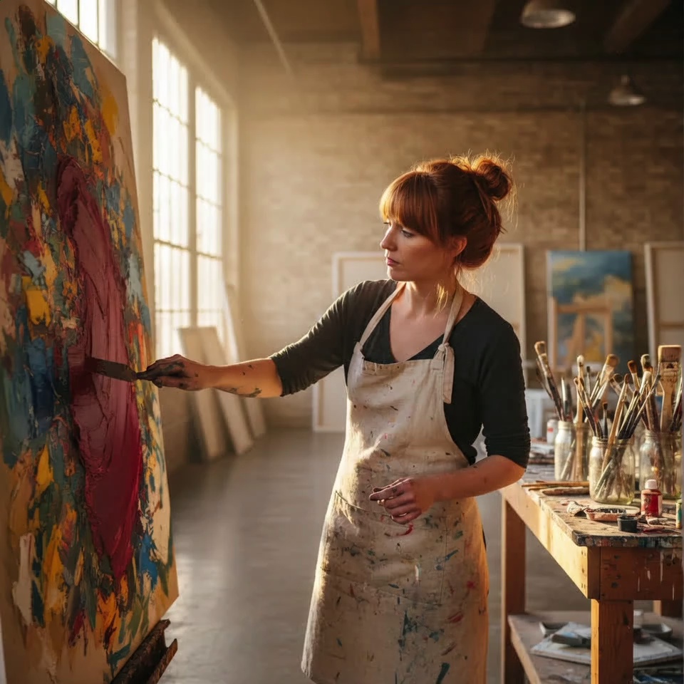 Cinematic high-definition video of a focused female artist with vibrant ginger hair in a messy bun, wearing a heavily paint-stained canvas apron over a dark sweater. She is standing in a sun-drenched, industrial-style art studio with exposed brick walls and large loft windows. The artist uses a metal palette knife to masterfully spread thick, viscous crimson oil paint across a large abstract canvas, creating deep impasto textures that catch the golden afternoon light. 

The camera begins with a macro close-up of the palette knife carving through the buttery paint, revealing the intricate ridges and blending of yellow and blue undertones, then smoothly dollies back and pans up to reveal the artist’s intense, creative expression. Soft dust motes dance in the visible sunbeams streaming through the windows. The background is filled with blurred easels and jars of brushes, creating a shallow depth of field. 

The lighting is warm and golden, casting long shadows and highlighting the tactile quality of the paint and the fabric of her apron. The atmosphere is quiet, serene, and deeply immersive, capturing the raw essence of the creative process. High dynamic range, 4k resolution, 60fps, realistic textures, cinematic lighting, slow-motion hand movements.