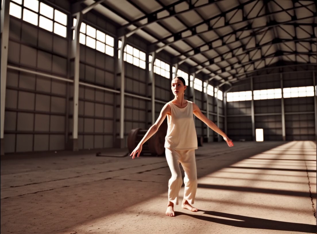 A contemporary dancer in flowing linen attire performing fluid, expressive movements and sharp leaps in a cavernous, industrial abandoned warehouse. Fine dust particles rise from the cracked concrete floor with every footfall, swirling into the air. The camera executes a dynamic 360-degree orbital tracking shot, circling the dancer to capture the full range of motion. High-contrast volumetric "God rays" stream through broken overhead windows, creating dramatic light paths and illuminating the airborne motes. Cinematic slow motion, shallow depth of field with sharp focus on the subject's expressions, gritty industrial textures, and 4K hyper-realistic detail.