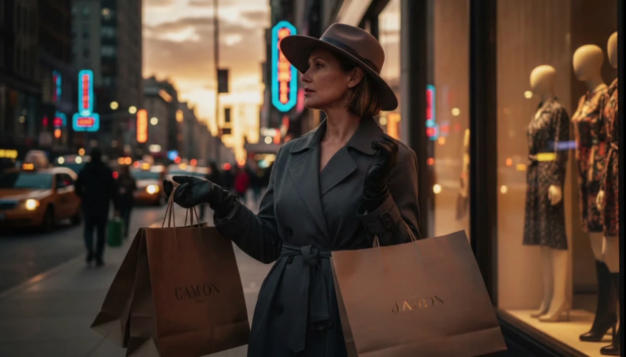 Retain the central woman’s profile, her sophisticated grey belted trench coat, and her pose holding bags in both hands. Replace the brown felt hat with a wide-brimmed black velvet hat featuring a silver serpent brooch on the band. Transform the brown paper shopping bags into high-end luxury matte black carrier bags with embossed gold foil lettering that reads "NOIR" and thick silk ribbon handles. In the background shop window, replace the floral mannequins with sleek, avant-garde silver metallic statues draped in sheer neon-violet fabrics. Change the evening sunset lighting to a deep midnight blue atmosphere, intensified by vibrant rain-slicked pavement reflecting the surrounding neon signs. Replace the yellow taxis with futuristic black sleek electric sedans featuring glowing blue headlights. The overall mood should be an "upper-class cyberpunk noir" aesthetic. Technical specs: Photorealistic style, 8k resolution, cinematic lighting with high contrast, sharp textures on the coat fabric and leather gloves, volumetric fog, shot on a 35mm lens.