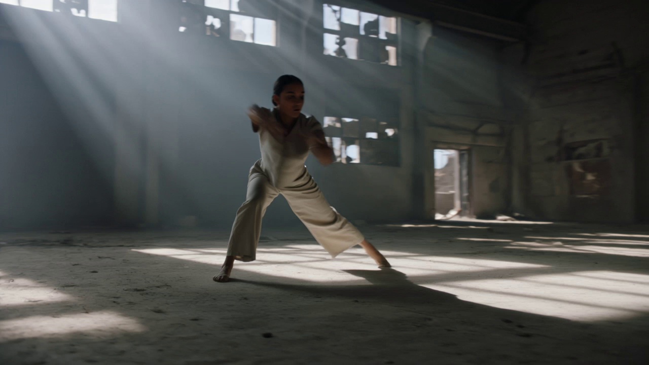 A contemporary dancer in fluid linen attire performing explosive, athletic movements and floor work inside a cavernous, derelict industrial warehouse. The camera executes a dynamic 360-degree orbital tracking shot around the subject as dust motes swirl in their wake. Volumetric God rays pierce through high, broken windows, creating high-contrast shadows and illuminating atmospheric haze. Captured in a cinematic style with a shallow depth of field, 60fps slow-motion fluidity, and a gritty, industrial color grade.